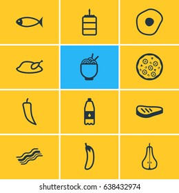 Vector Illustration Of 12 Dish Icons. Editable Pack Of Duchess, Pastry, Roast Beef And Other Elements.
