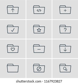 Vector illustration of 12 document icons line style. Editable set of upload, code, missed and other icon elements.
