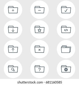 Vector Illustration Of 12 Document Icons. Editable Pack Of Plus, Submit, Upload And Other Elements.