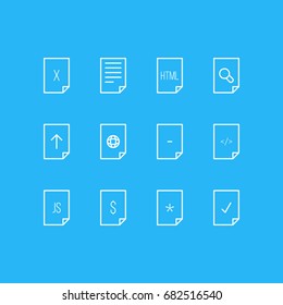 Vector Illustration Of 12 Document Icons. Editable Pack Of Download, Script, Internet And Other Elements.