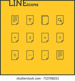 Vector Illustration Of 12 Document Icons. Editable Pack Of Script, Search, Remove And Other Elements.