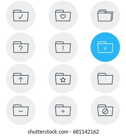 Vector Illustration Of 12 Dossier Icons. Editable Pack Of Plus, Document Case, Folders And Other Elements.