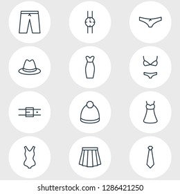 Vector illustration of 12 dress icons line style. Editable set of watch, underwear, evening dress and other icon elements.