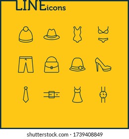 Vector illustration of 12 dress icons line style. Editable set of watch, heeled shoe, shorts and other icon elements.