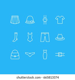 Vector Illustration Of 12 Dress Icons. Editable Pack Of Casual, Handbag, Panama Elements.