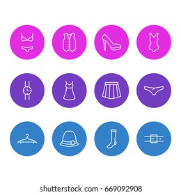 Vector Illustration Of 12 Dress Icons. Editable Pack Of Hand Clock, Strap, Panties Elements.