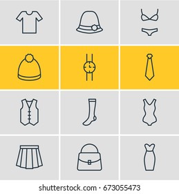 Vector Illustration Of 12 Dress Icons. Editable Pack Of Pompom, Swimwear, Hosiery And Other Elements.