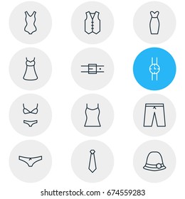 Vector Illustration Of 12 Dress Icons. Editable Pack Of Singlet, Strap, Swimsuit And Other Elements.