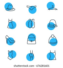 Vector Illustration Of 12 Dress Icons. Editable Pack Of Hand Clock, Evening Dress, Pompom Elements.