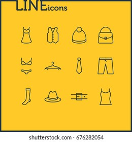 Vector Illustration Of 12 Dress Icons. Editable Pack Of Swimming Trunks, Cloakroom, Strap And Other Elements.