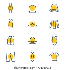 Vector Illustration Of 12 Dress Icons. Editable Pack Of Hand Clock, Casual, Waistcoat Elements.