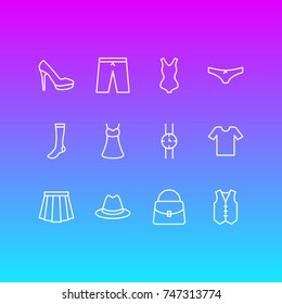 Vector Illustration Of 12 Dress Icons. Editable Pack Of Hosiery, Waistcoat, Panties And Other Elements.