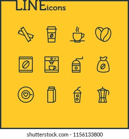 Vector illustration of 12 drink icons line style. Editable set of mocha grinder, coffee machine, instant and other icon elements.