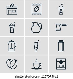 Vector illustration of 12 drink icons line style. Editable set of coffee machine, cold drink, cafe and other icon elements.