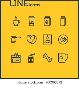 Vector Illustration Of 12 Drink Icons. Editable Pack Of Cup, Coffee To Go, Saucer And Other Elements.