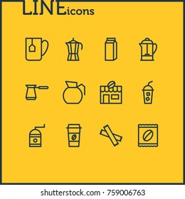 Vector Illustration Of 12 Drink Outline Icons. Editable Set Of House, Mill, Sweetener And Other Elements.