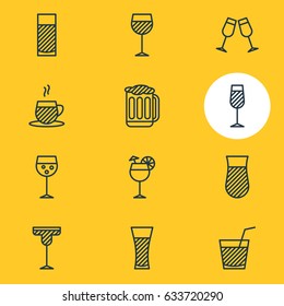 Vector Illustration Of 12 Drinks Icons. Editable Pack Of Lemonade, Wineglass, Drink And Other Elements.