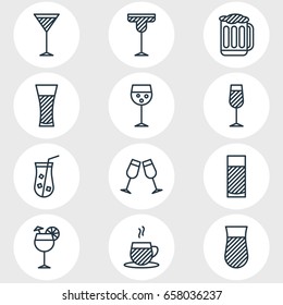Vector Illustration Of 12 Drinks Icons. Editable Pack Of Aqua, Tea Cup, Draught And Other Elements.