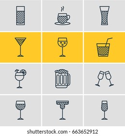 Vector Illustration Of 12 Drinks Icons. Editable Pack Of Margarita, Champagne, Aqua And Other Elements.