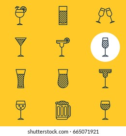 Vector Illustration Of 12 Drinks Icons. Editable Pack Of Lemonade, Goblet, Beverage And Other Elements.