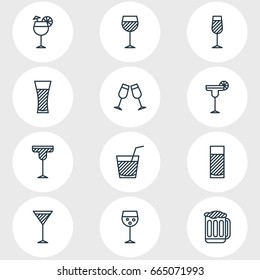 Vector Illustration Of 12 Drinks Icons. Editable Pack Of Lemonade, Aqua, Cocktail And Other Elements.