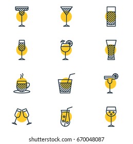 Vector Illustration Of 12 Drinks Icons. Editable Pack Of Drink, Lemonade, Beverage And Other Elements.