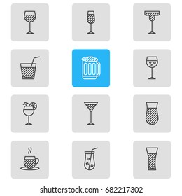 Vector Illustration Of 12 Drinks Icons. Editable Pack Of Cocktail, Martini, Champagne And Other Elements.