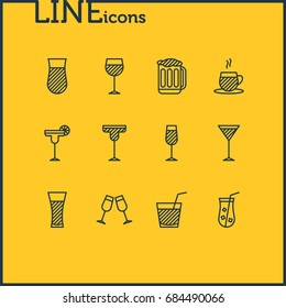 Vector Illustration Of 12 Drinks Icons. Editable Pack Of Juice, Tea Cup, Martini And Other Elements.
