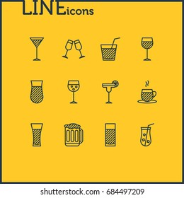 Vector Illustration Of 12 Drinks Icons. Editable Pack Of Aqua, Celebrate, Wineglass And Other Elements.