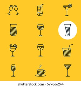 Vector Illustration Of 12 Drinks Icons. Editable Pack Of Drink, Glass, Juice And Other Elements.
