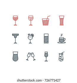 Vector Illustration Of 12 Drinks Icons. Editable Pack Of Drink, Cocktail, Juice And Other Elements.