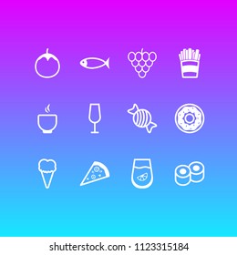 Vector illustration of 12 eating icons line style. Editable set of wineglass, donuts, ice cream and other icon elements.