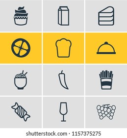 Vector illustration of 12 eating icons line style. Editable set of bread slice, dairy, french fries and other icon elements.