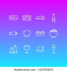 Vector illustration of 12 eating icons line style. Editable set of fish, steak, bill and other icon elements.