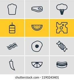Vector illustration of 12 eating icons line style. Editable set of cheese, birthday cake, paprika and other icon elements.