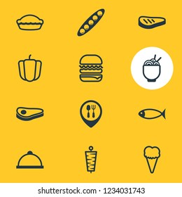 Vector illustration of 12 eating icons line style. Editable set of bell pepper, dinner place, ice cream and other icon elements.