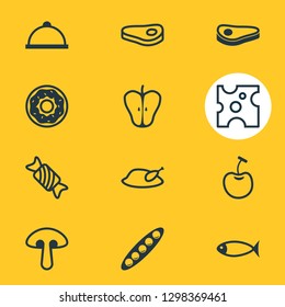 Vector illustration of 12 eating icons line style. Editable set of apple slice, cheese, chicken and other icon elements.