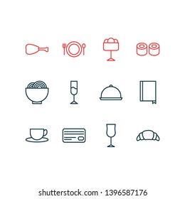 Vector illustration of 12 eating icons line style. Editable set of sushi, dish, wineglass and other icon elements.