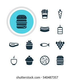 Vector Illustration Of 12 Eating Icons. Editable Pack Of Roast Beef, Sandwich, Dessert Elements.