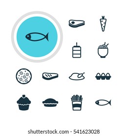 Vector Illustration Of 12 Eating Icons. Editable Pack Of Spaghetti, Beefsteak, Pizzeria And Other Elements.
