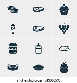 Vector Illustration Of 12 Eating Icons. Editable Pack Of Veggie, Flan, Muffin And Other Elements.