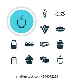 Vector Illustration Of 12 Eating Icons. Editable Pack Of Pastry, Flan, Egg Container And Other Elements.