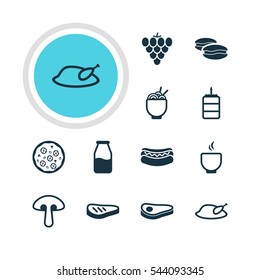Vector Illustration Of 12 Eating Icons. Editable Pack Of Roast Beef, Spaghetti, Streetfood And Other Elements.
