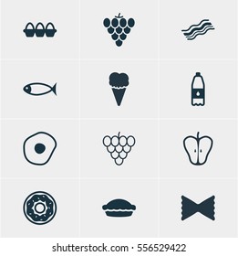 Vector Illustration Of 12 Eating Icons. Editable Pack Of Drink Bottle, Scrambled Egg, Jonagold And Other Elements.