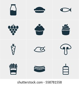 Vector Illustration Of 12 Eating Icons. Editable Pack Of Streetfood, Cruet, Veggie And Other Elements.