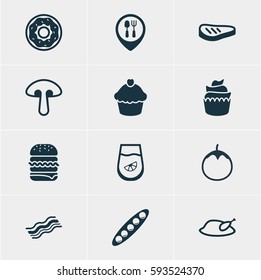 Vector Illustration Of 12 Eating Icons. Editable Pack Of Fungus, Eggplant, Ham And Other Elements.