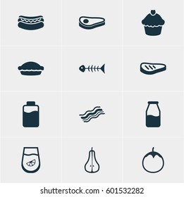 Vector Illustration Of 12 Eating Icons. Editable Pack Of Skeleton, Eggplant, Beefsteak And Other Elements.