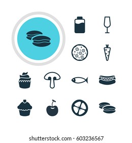 Vector Illustration Of 12 Eating Icons. Editable Pack Of Streetfood, Veggie, Fungus And Other Elements.