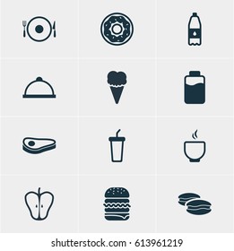 Vector Illustration Of 12 Eating Icons. Editable Pack Of Beefsteak, Soft Drink, Jonagold And Other Elements.