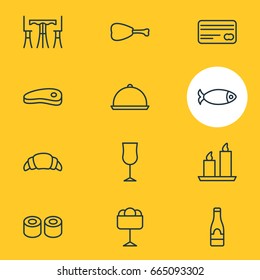 Vector Illustration Of 12 Eating Icons. Editable Pack Of Candle, Table, Dessert And Other Elements.